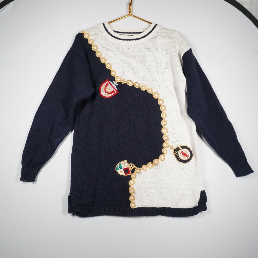 VTG Capacity Nautical Crest Chain Colorblock Sweater Navy White S Novelty 90s